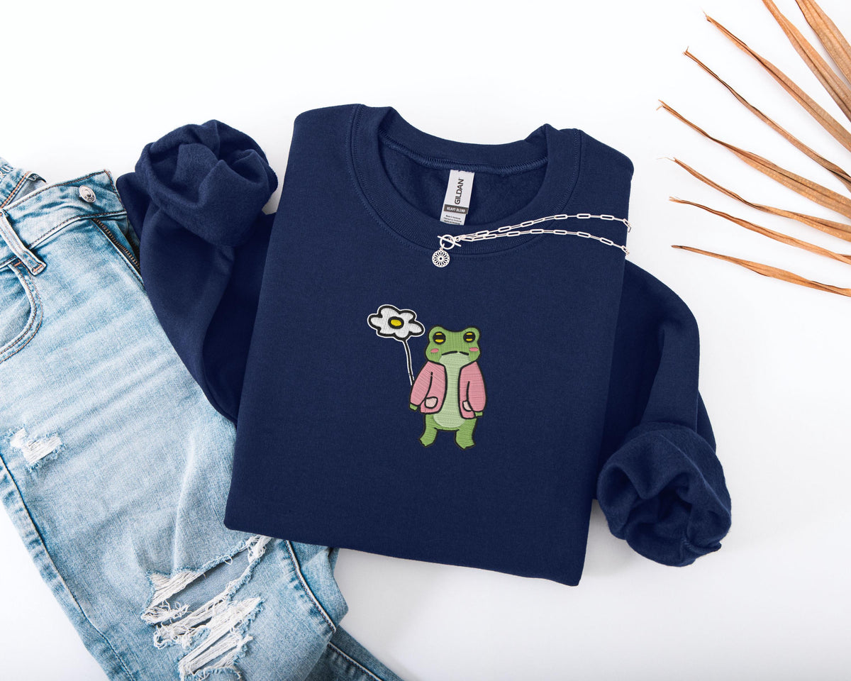 Embroidered Frog With Flower Sweatshirt, Embroidery Floral Frog Sweater, Daisy Embroidery Sweatshirt, Frog Lover Gift, Funny Frog Sweater