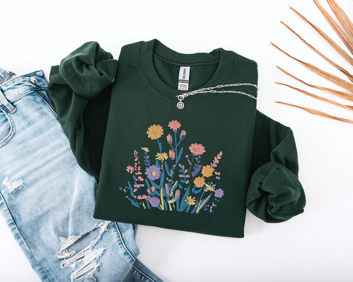 Floral Embroidered Sweatshirt, Wildflower Bouquet Sweater, Cottagecore Flower Hoodie, Botanical Sweatshirt, Boho Style Embroidery Sweater