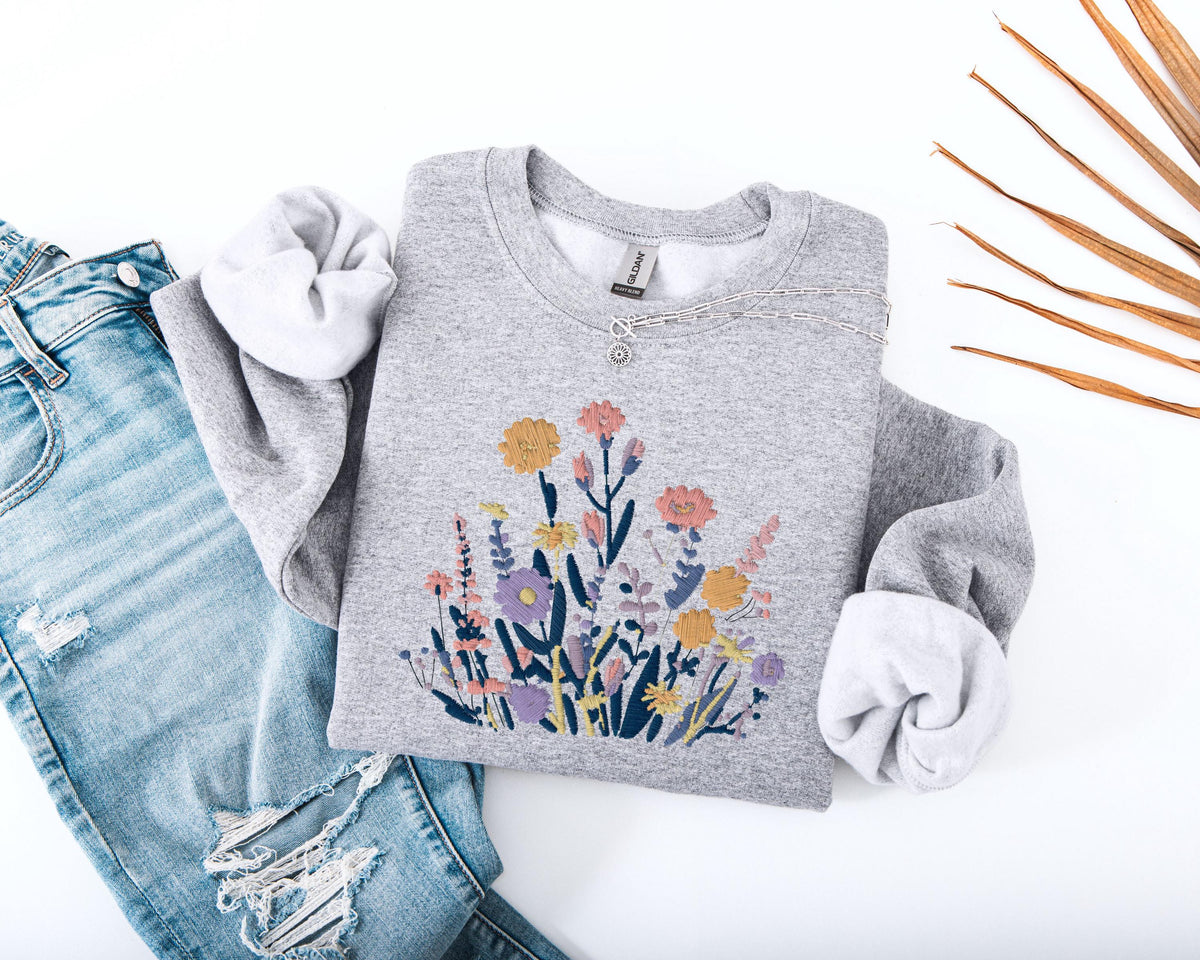 Floral Embroidered Sweatshirt, Wildflower Bouquet Sweater, Cottagecore Flower Hoodie, Botanical Sweatshirt, Boho Style Embroidery Sweater