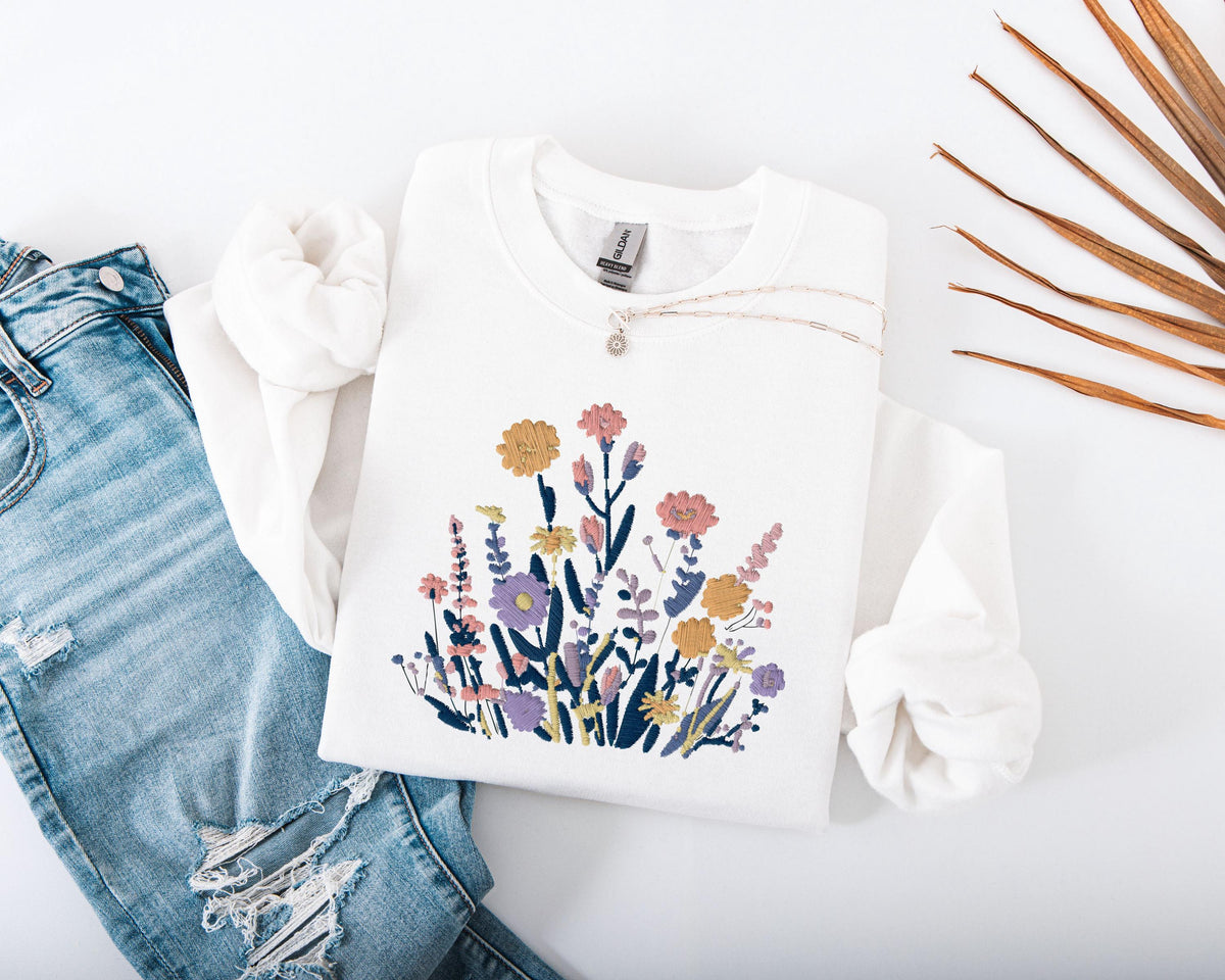 Floral Embroidered Sweatshirt, Wildflower Bouquet Sweater, Cottagecore Flower Hoodie, Botanical Sweatshirt, Boho Style Embroidery Sweater