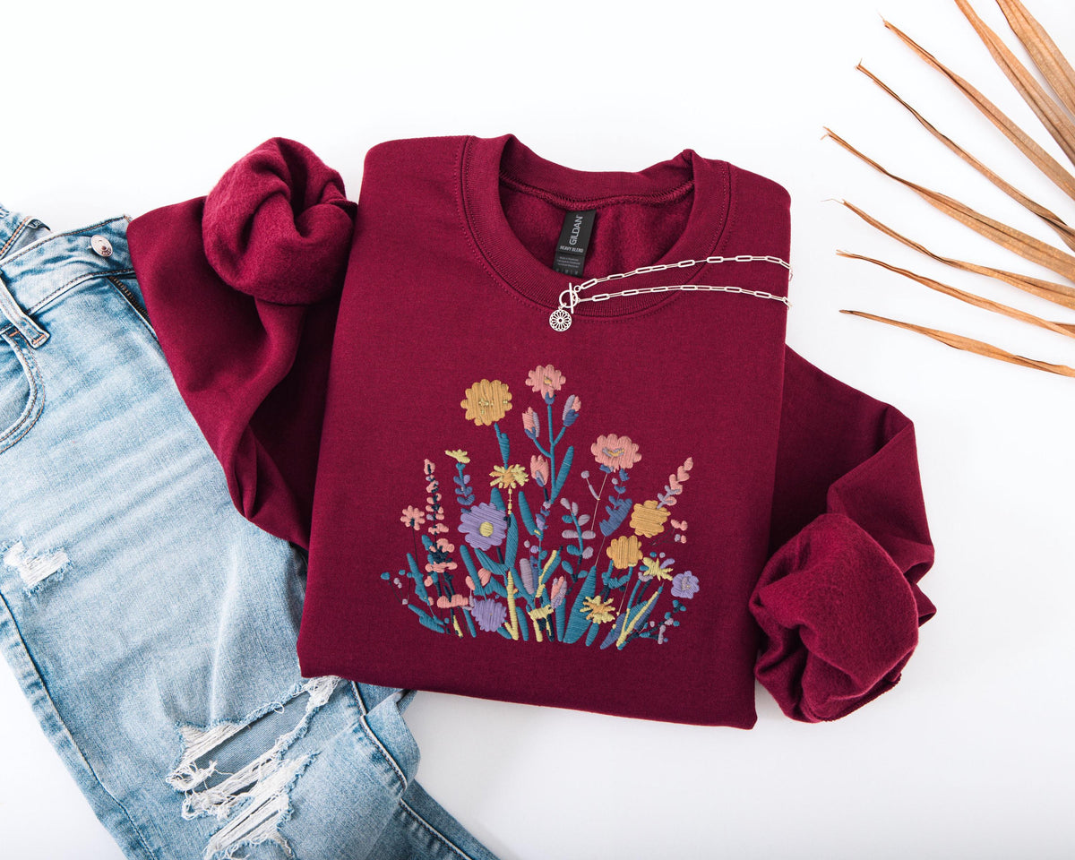 Floral Embroidered Sweatshirt, Wildflower Bouquet Sweater, Cottagecore Flower Hoodie, Botanical Sweatshirt, Boho Style Embroidery Sweater