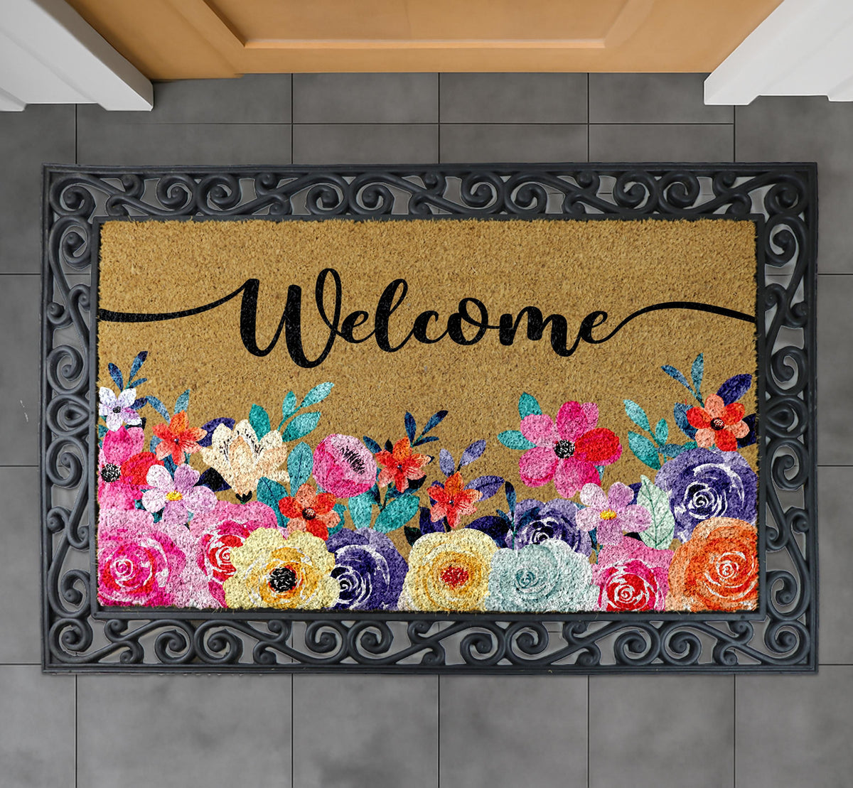 Floral Welcome Doormat, Natural Coir Entryway Mat, Outdoor Decor