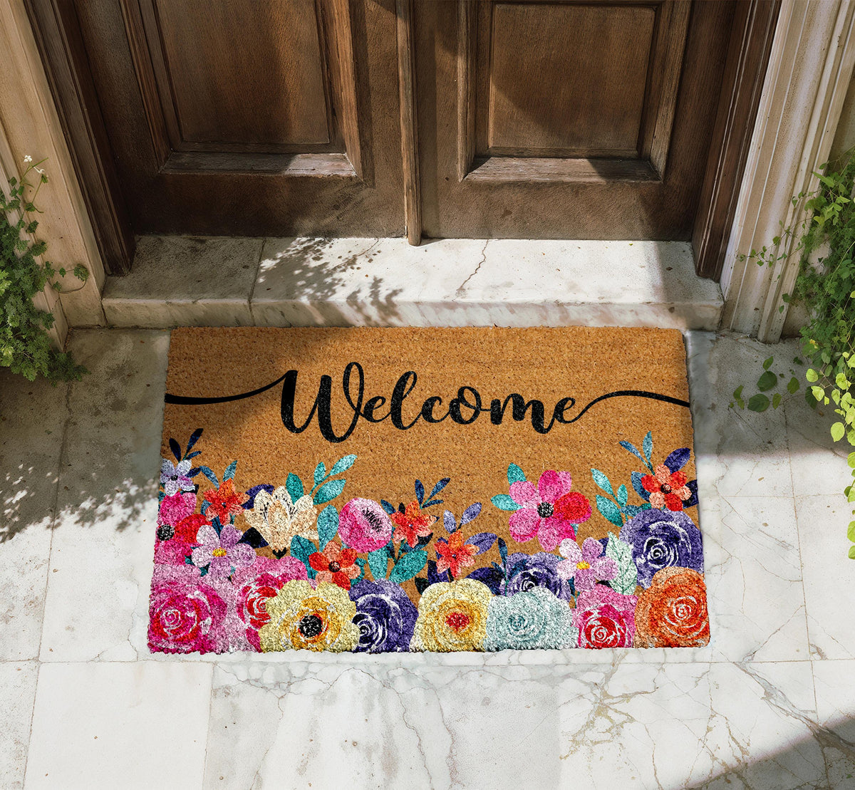 Floral Welcome Doormat, Natural Coir Entryway Mat, Outdoor Decor