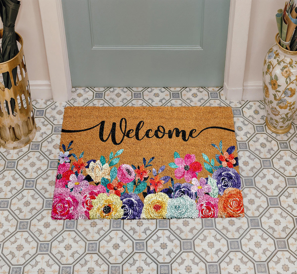 Floral Welcome Doormat, Natural Coir Entryway Mat, Outdoor Decor