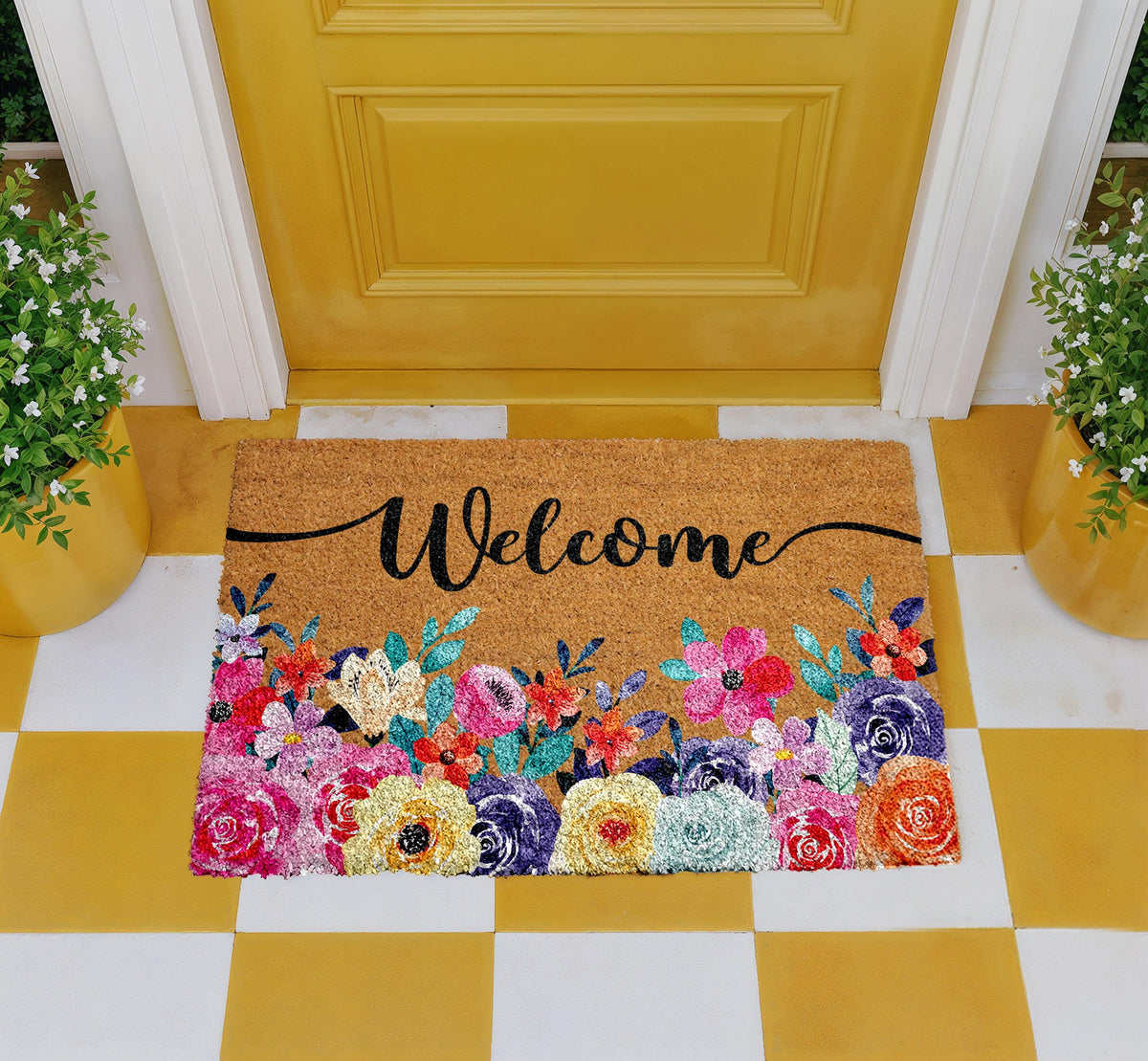 Floral Welcome Doormat, Natural Coir Entryway Mat, Outdoor Decor
