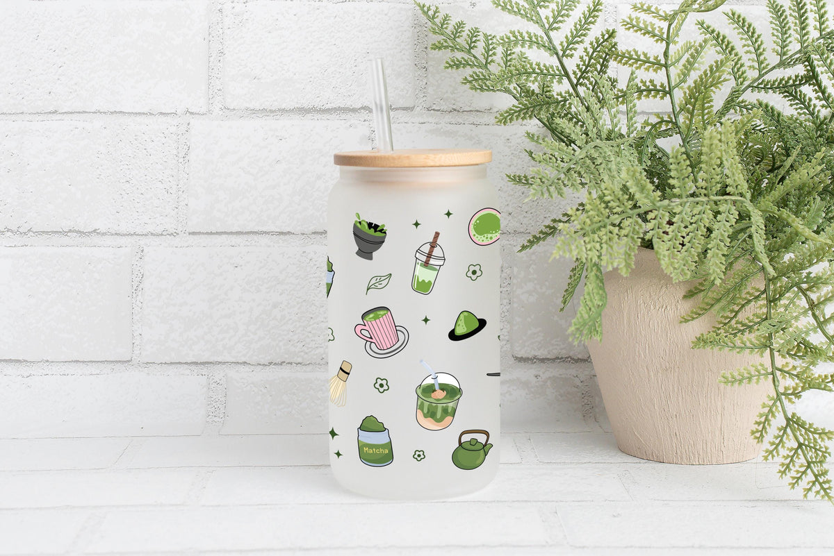 Matcha Girly Glass Tumbler, Aesthetic Matcha Theme Cup, Matcha Lover Gift
