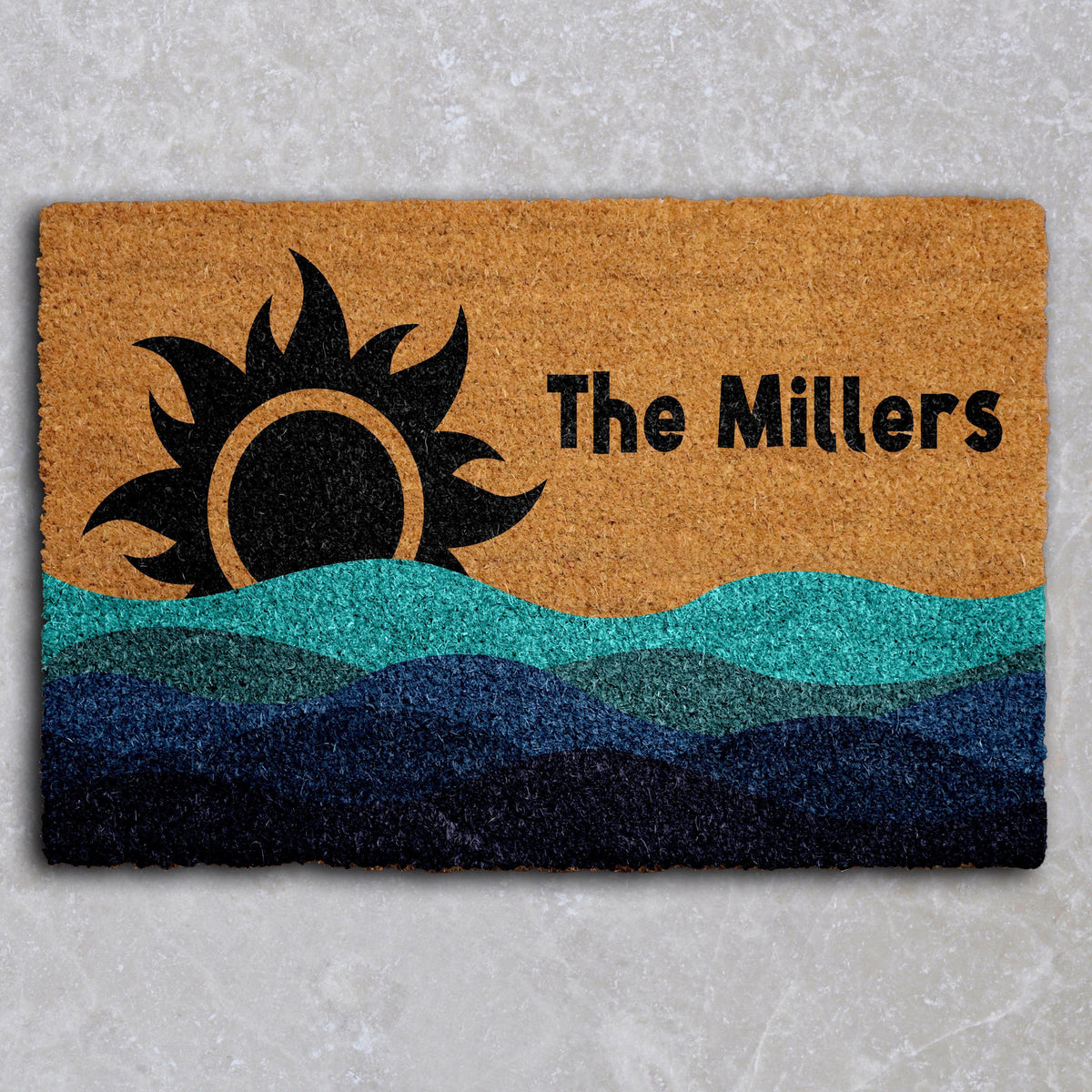 Personalized Tribal Sun & Waves Welcome Mat, Family Name Beach House Doormat