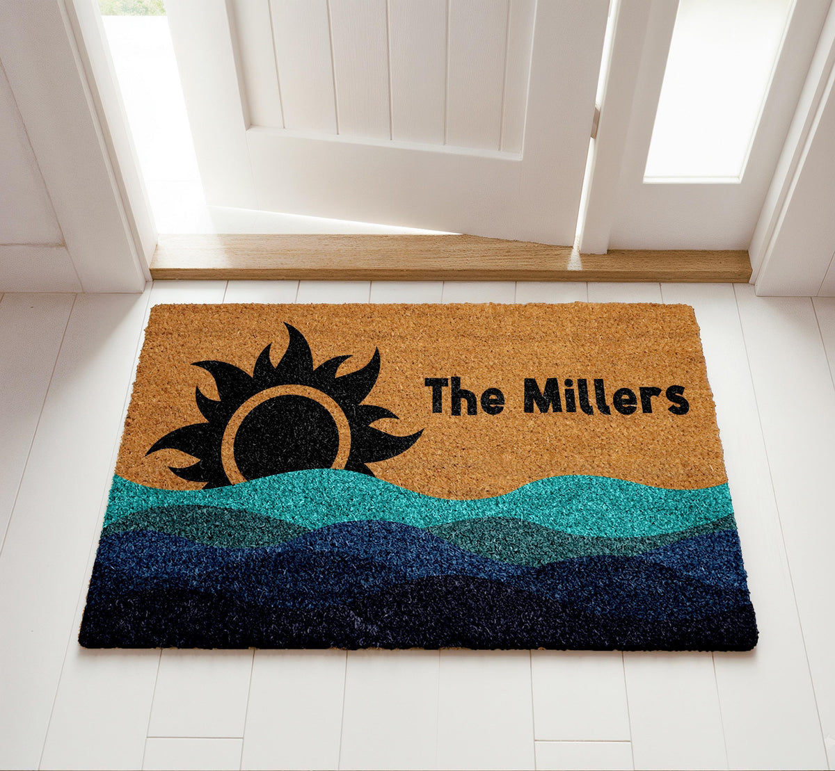 Personalized Tribal Sun & Waves Welcome Mat, Family Name Beach House Doormat