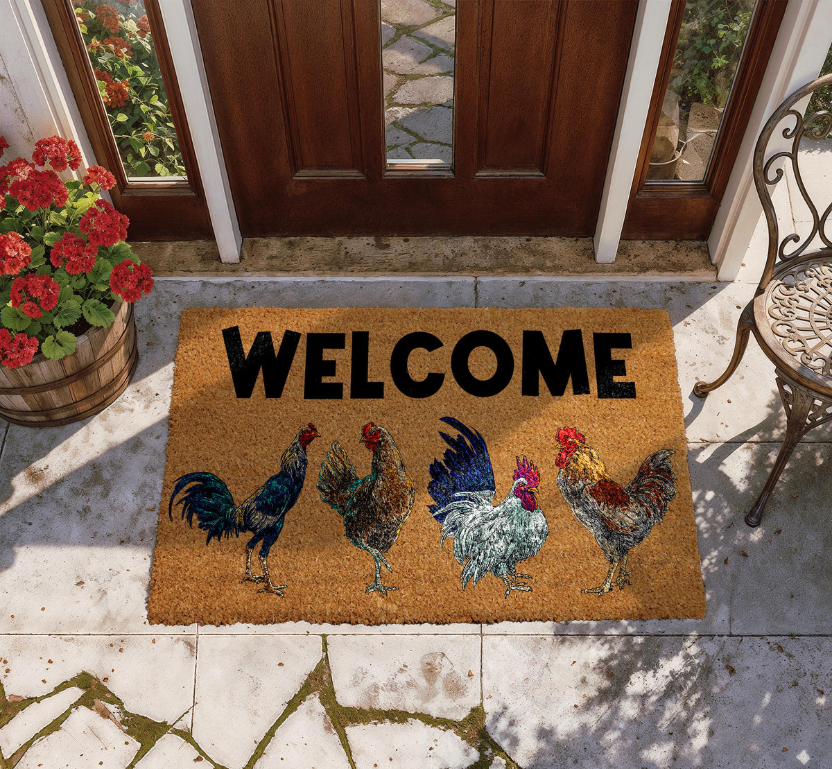 Chicken Design Welcome Mat, Funny Farmhouse Coir Doormat, Chicken Lover Home Entrance Decor