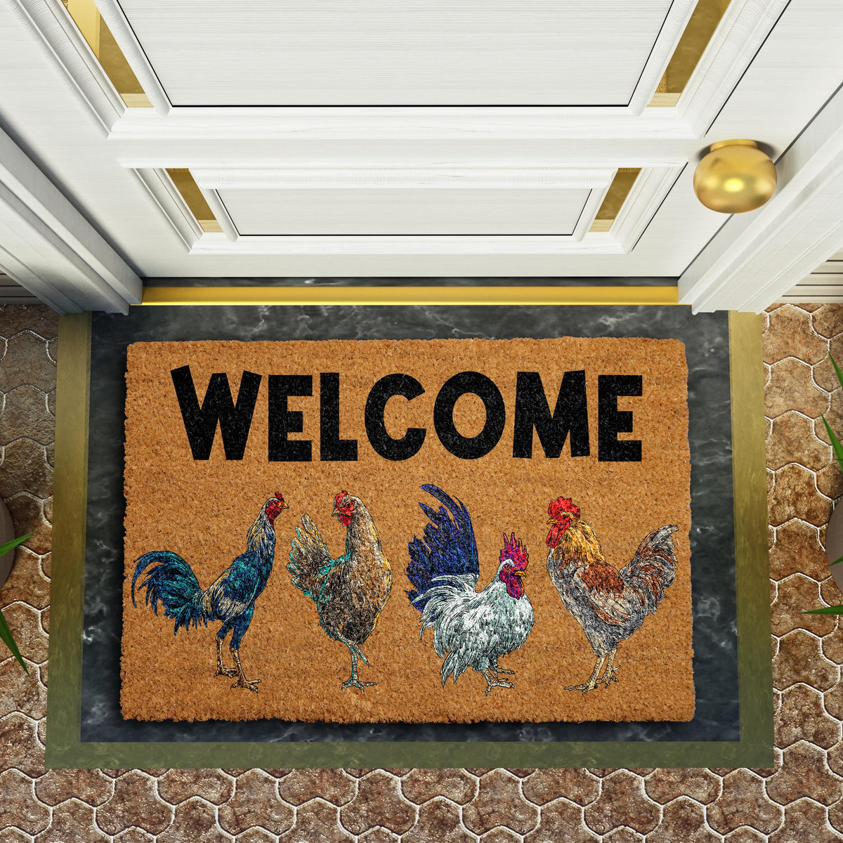 Chicken Design Welcome Mat, Funny Farmhouse Coir Doormat, Chicken Lover Home Entrance Decor