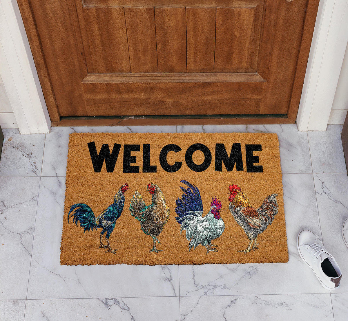 Chicken Design Welcome Mat, Funny Farmhouse Coir Doormat, Chicken Lover Home Entrance Decor