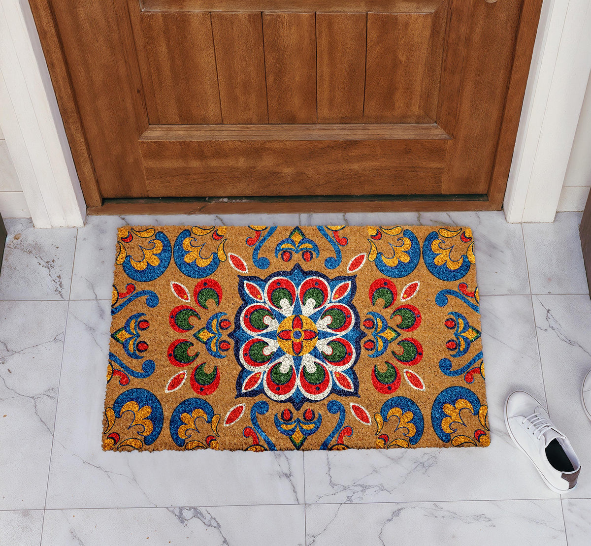 Retro Carpet Pattern Doormat, Colorful Mandala Welcome Mat, Boho Chic Naturel Coir Mat