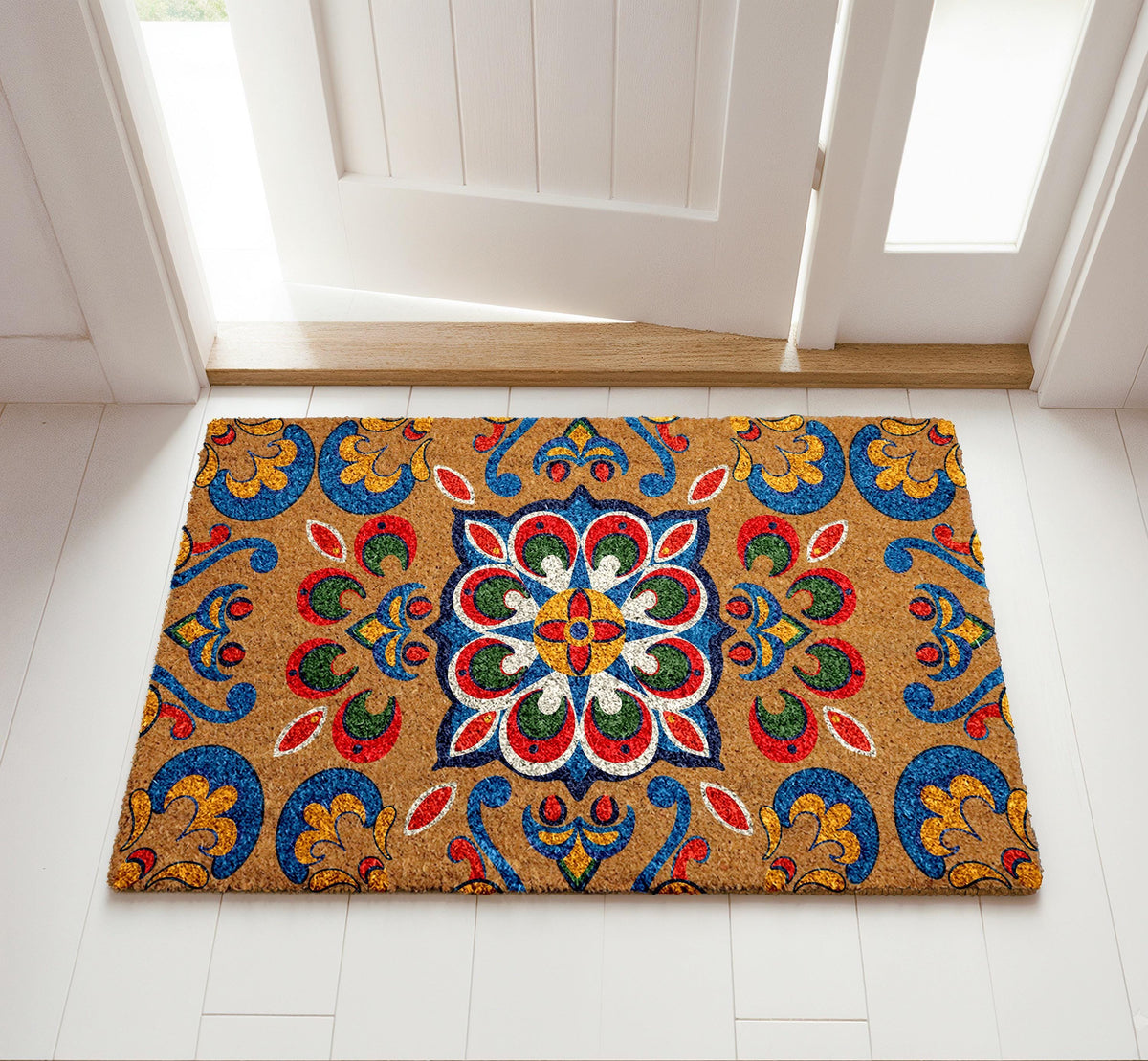 Retro Carpet Pattern Doormat, Colorful Mandala Welcome Mat, Boho Chic Naturel Coir Mat