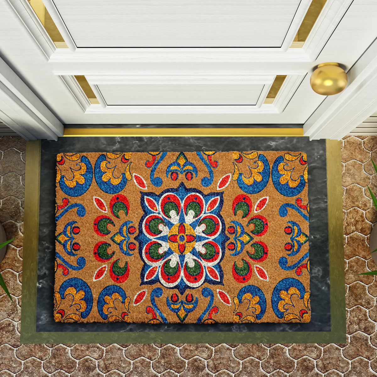 Retro Carpet Pattern Doormat, Colorful Mandala Welcome Mat, Boho Chic Naturel Coir Mat