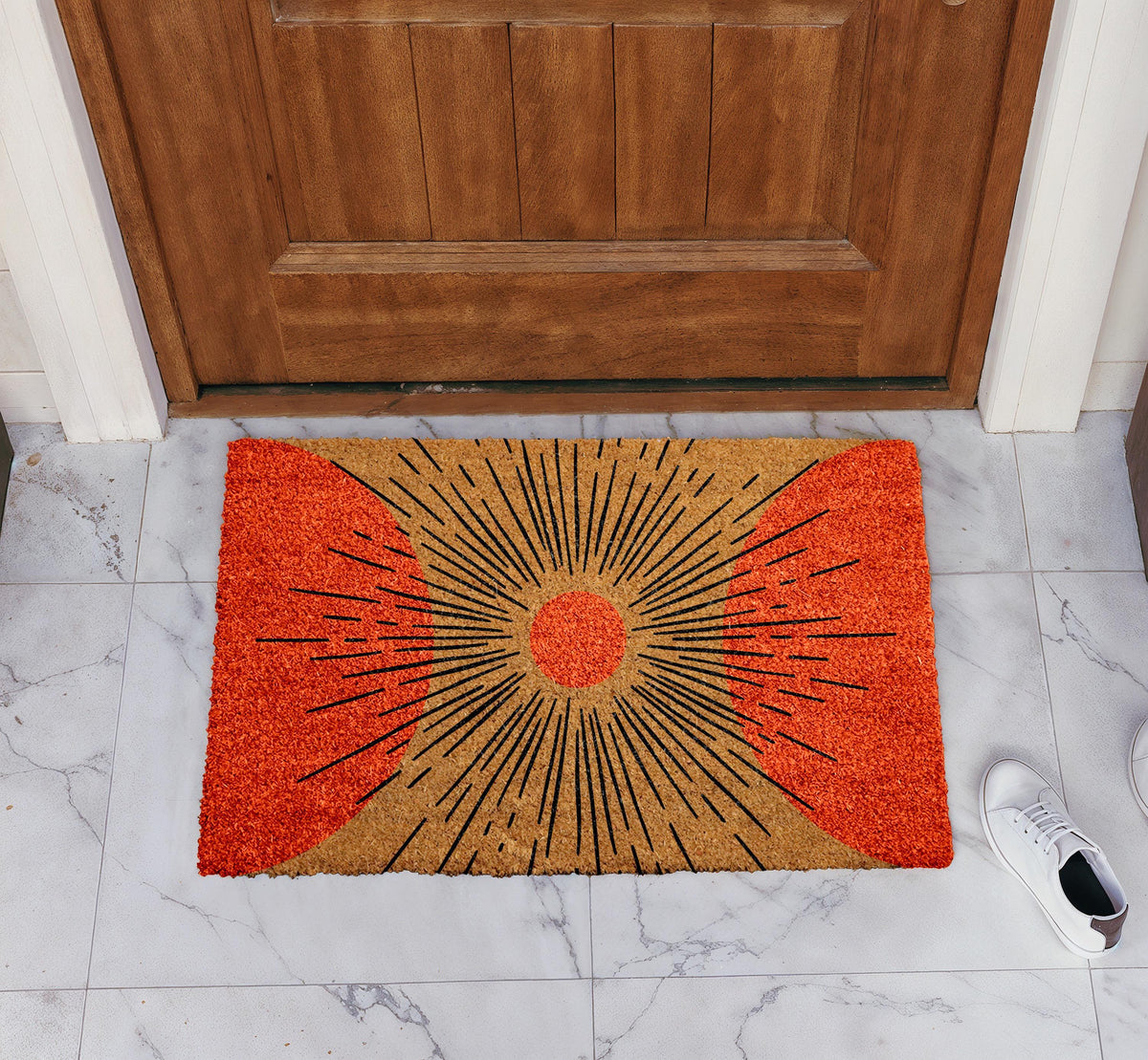 Sunburst Design Welcome Mat, Modern Art Naturel Coir Doormat, Minimalist Front Porch Mat