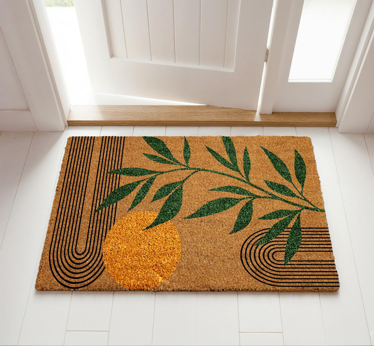 Boho Minimalist Welcome Mat, Abstract Sun Design Doormat, Modern Art Home Entrance Mat