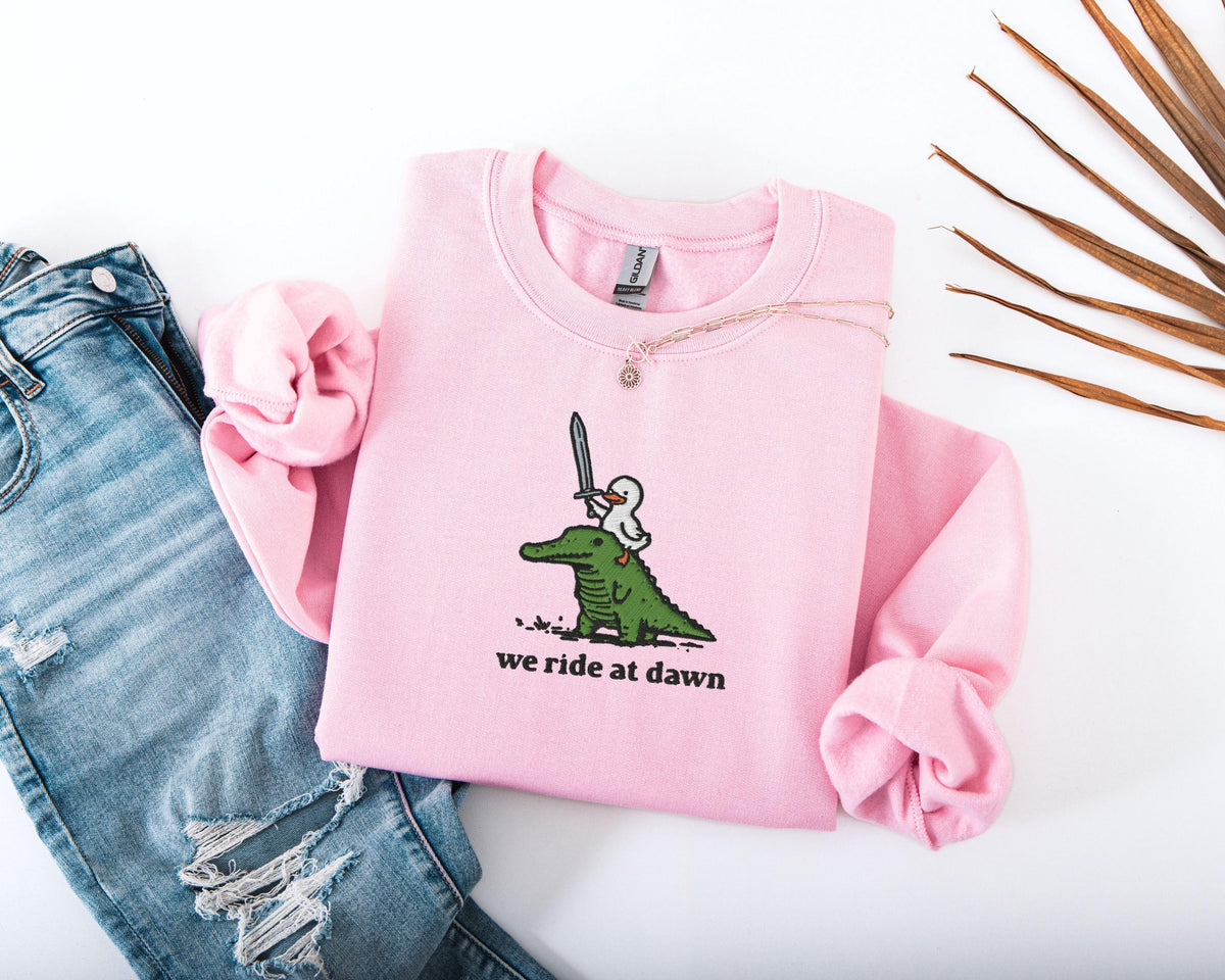 We Ride at Dawn Embroidered Sweatshirt, Embroidered Silly Goose Crocodile Sweatshirt, Cute Animal Hoodie, Funny Goose Cottagecore Sweater