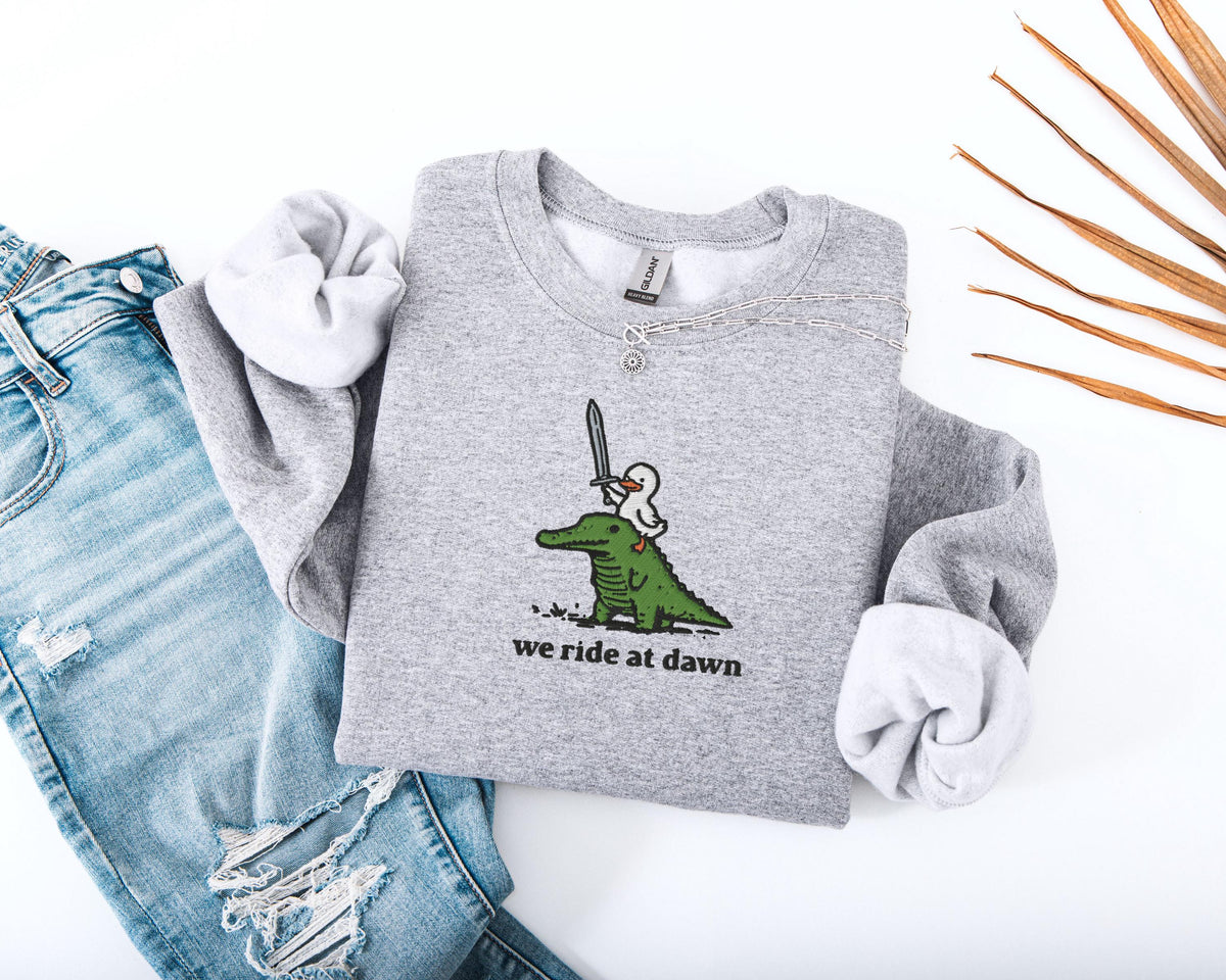 We Ride at Dawn Embroidered Sweatshirt, Embroidered Silly Goose Crocodile Sweatshirt, Cute Animal Hoodie, Funny Goose Cottagecore Sweater