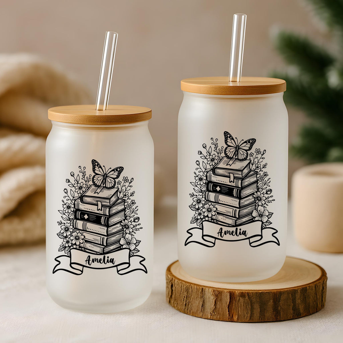 Custom Name Floral Bookish Can Glass Tumbler, Books And Flower Design Iced Coffee Tumbler