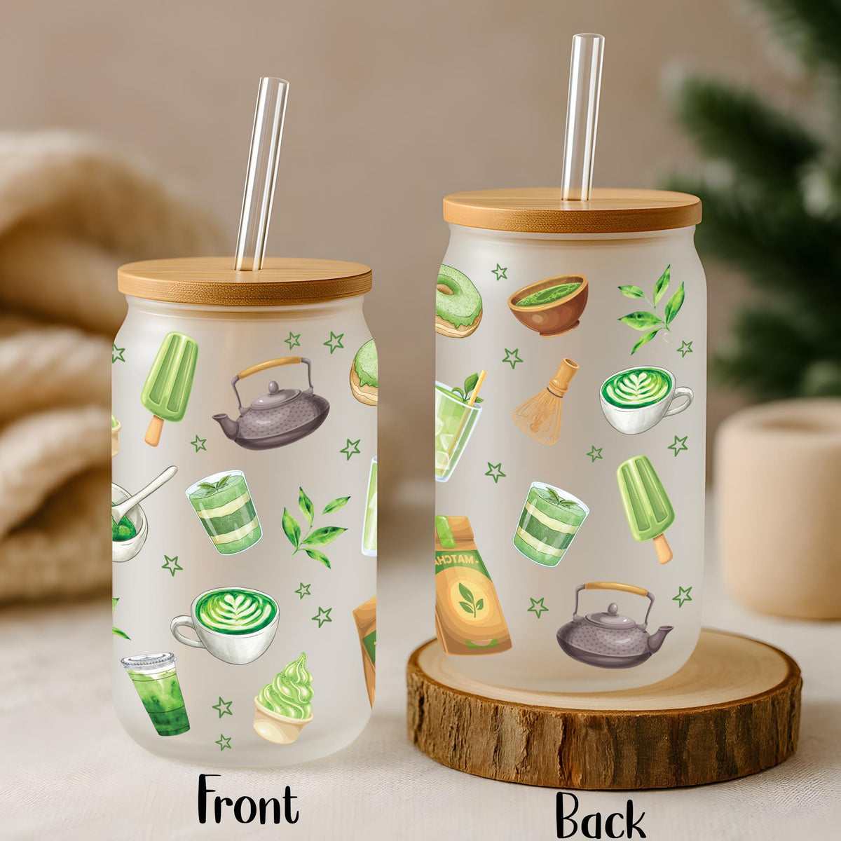 Matcha Themed Can Glass Tumbler, Bamboo Lid Sipper Cup For Japanese Green Tea