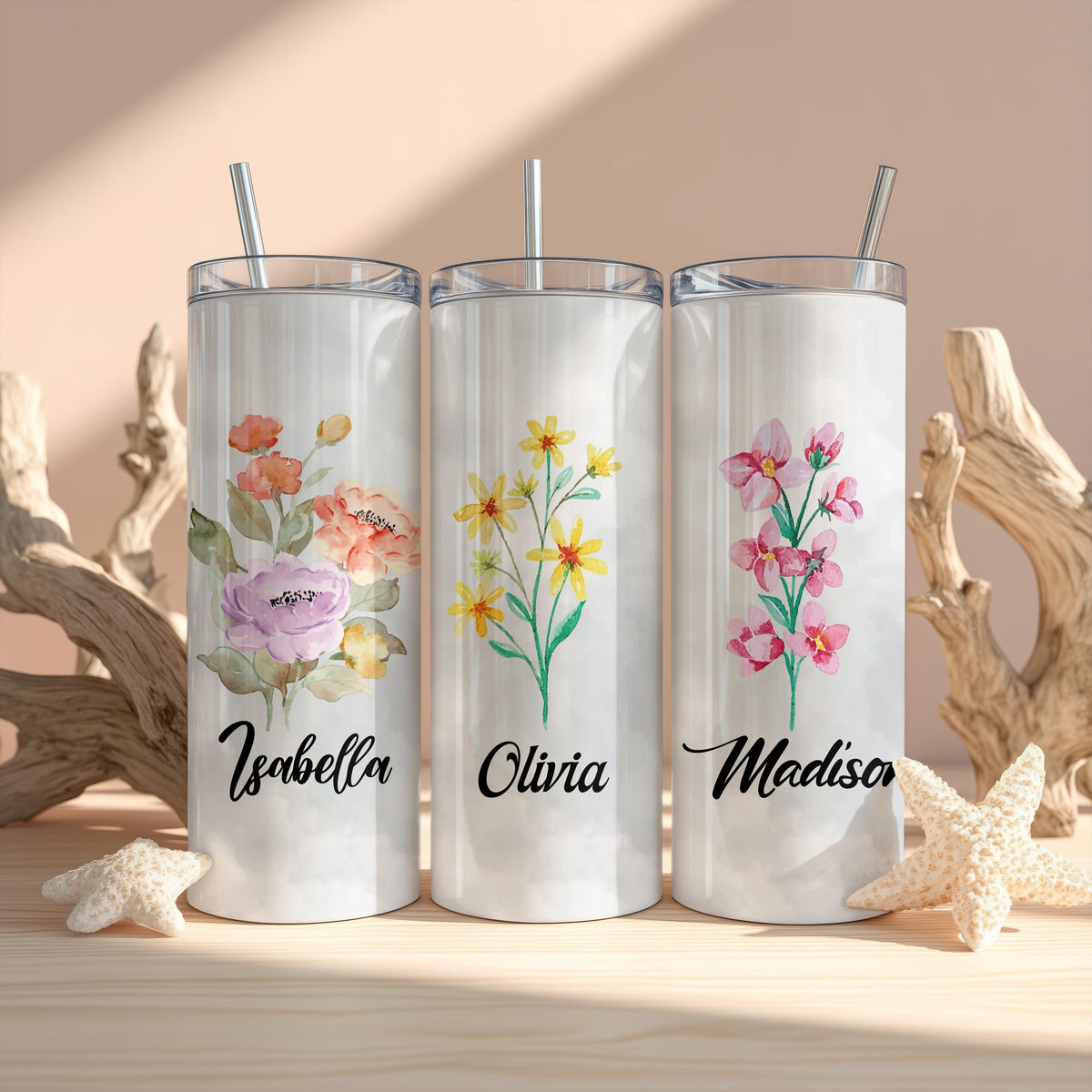Personalized Flower Tumbler, Custom Floral Tumbler, Colorful Flower Tumbler With Straw