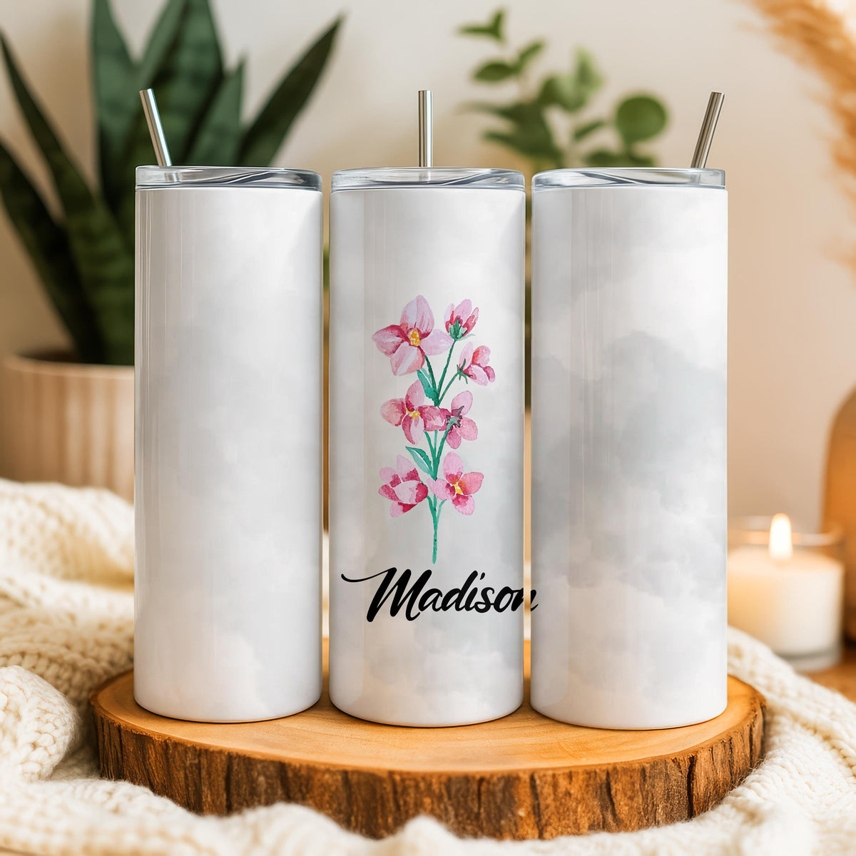 Personalized Flower Tumbler, Custom Floral Tumbler, Colorful Flower Tumbler With Straw