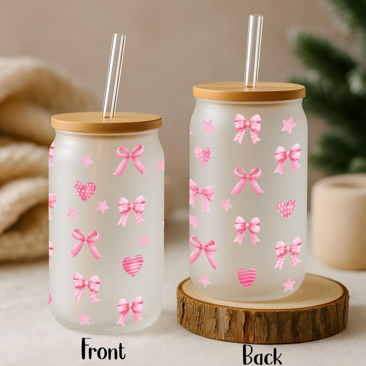 Cute Pink Coquettes & Hearts Design Iced Coffee Cup Tumbler