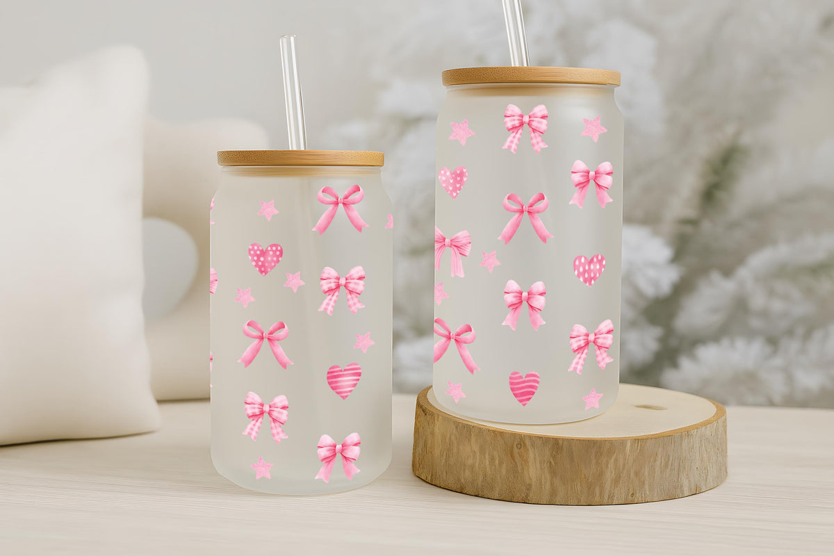 Cute Pink Coquettes & Hearts Design Iced Coffee Cup Tumbler