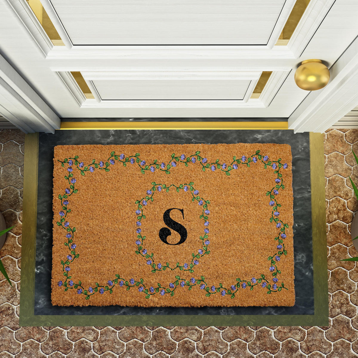 Personalized Monogram Welcome Mat, Custom Initial Floral Doormat, Elegant Home Entrance Mat
