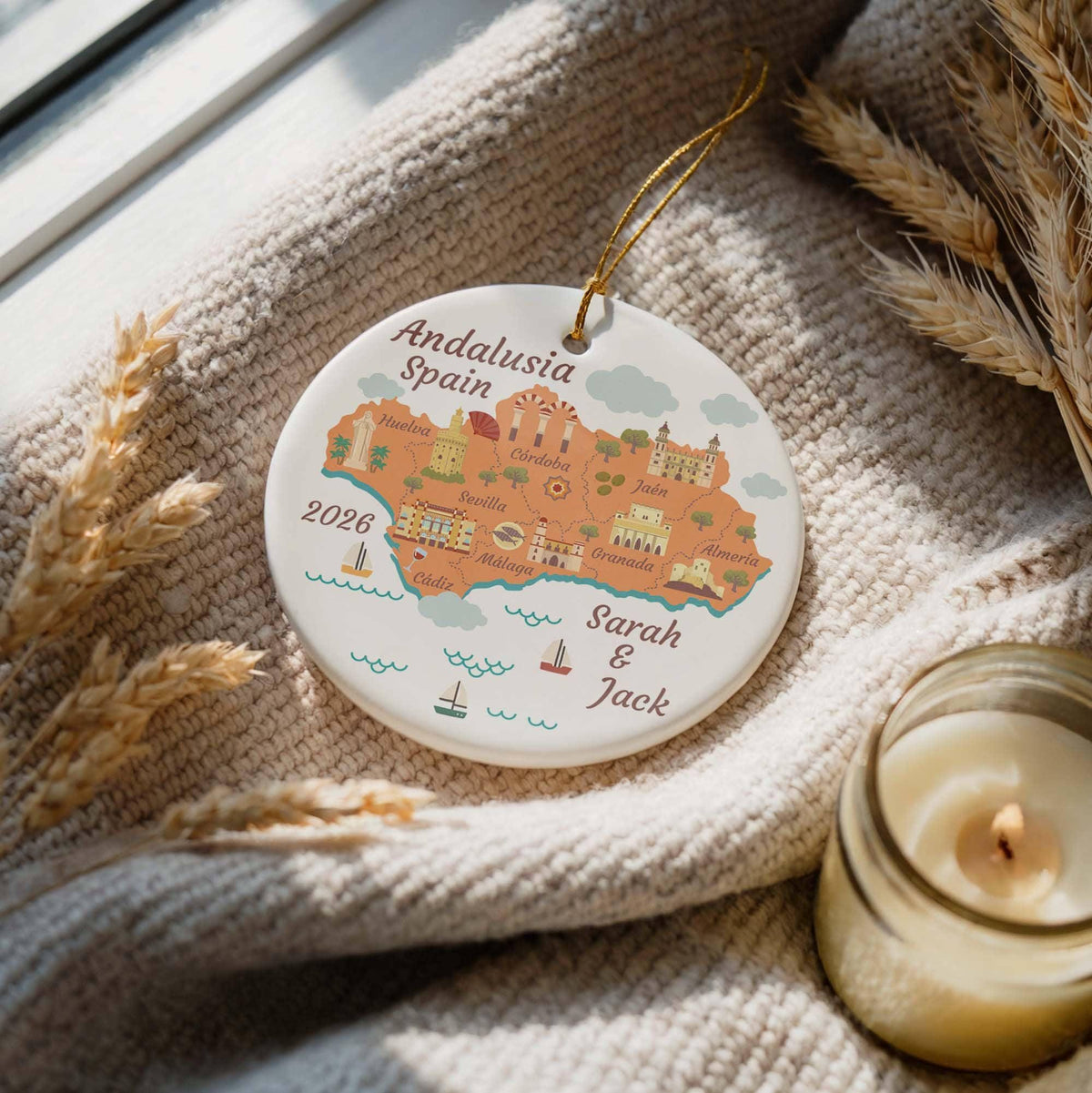 Custom Name Andalusia Map Ceramic Ornament, 2026 Spain Couple Vacation Keepsake