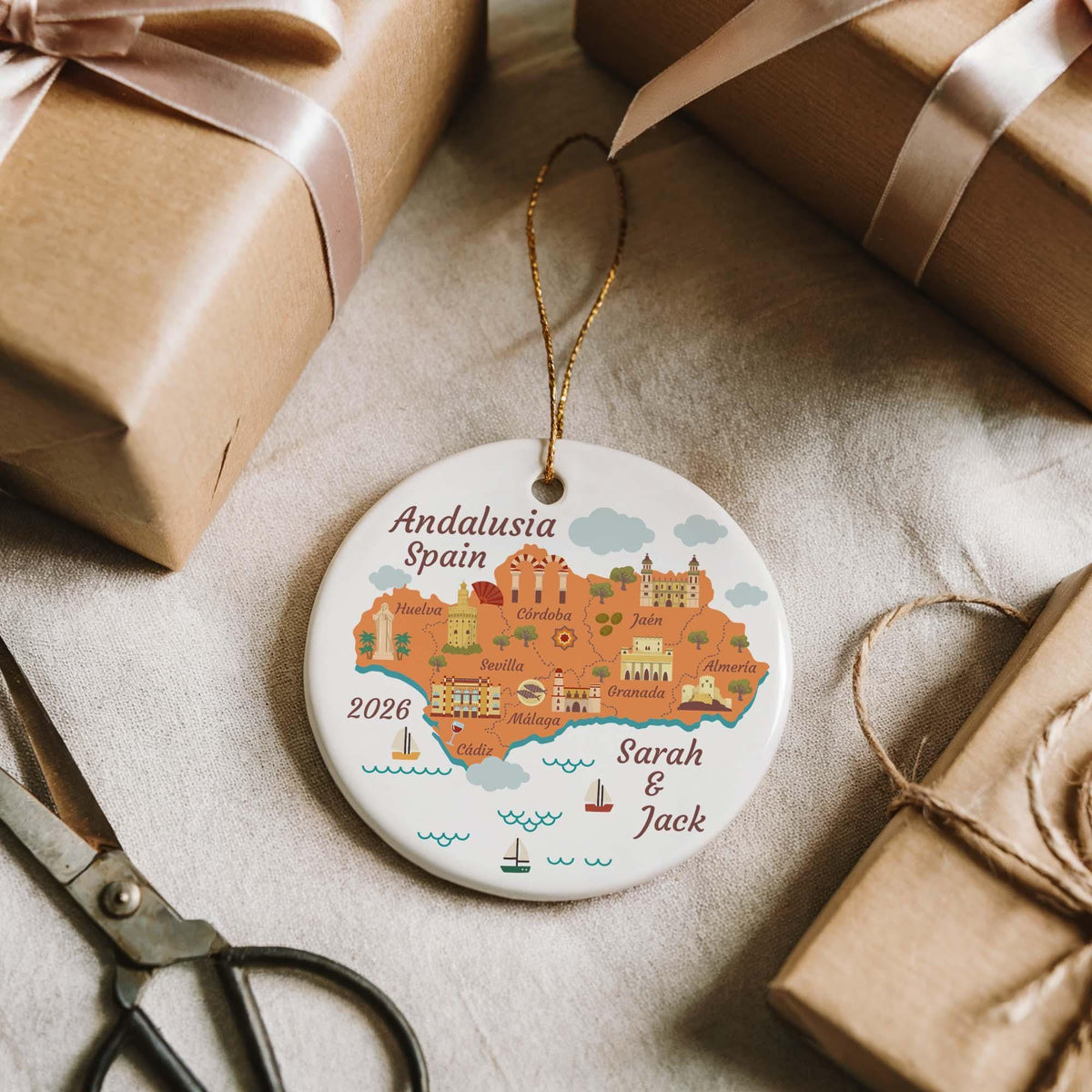 Custom Name Andalusia Map Ceramic Ornament, 2026 Spain Couple Vacation Keepsake