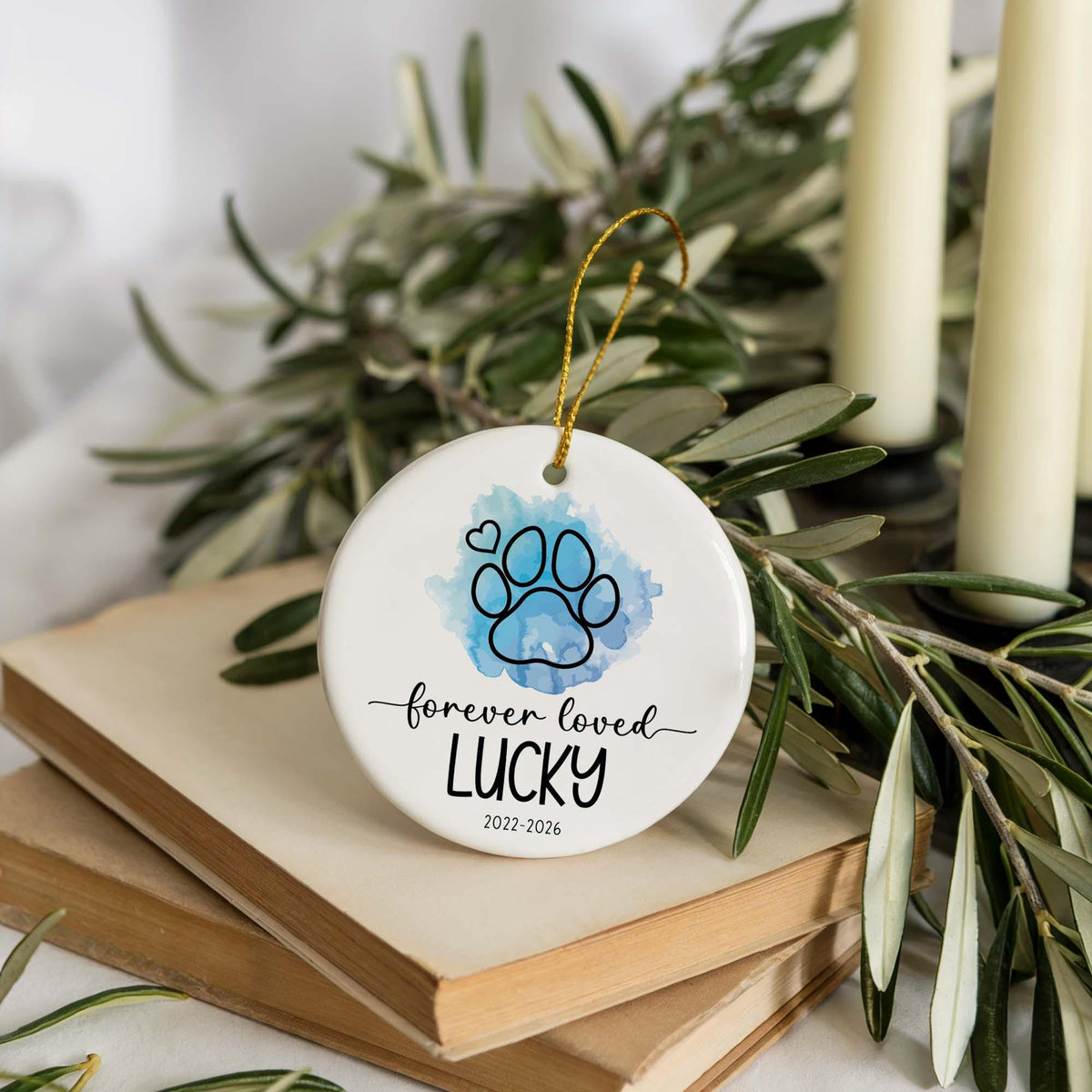 Personalized Dog Memorial Ceramic Ornament, Forever Loved Paw Illustration Design Keepsake