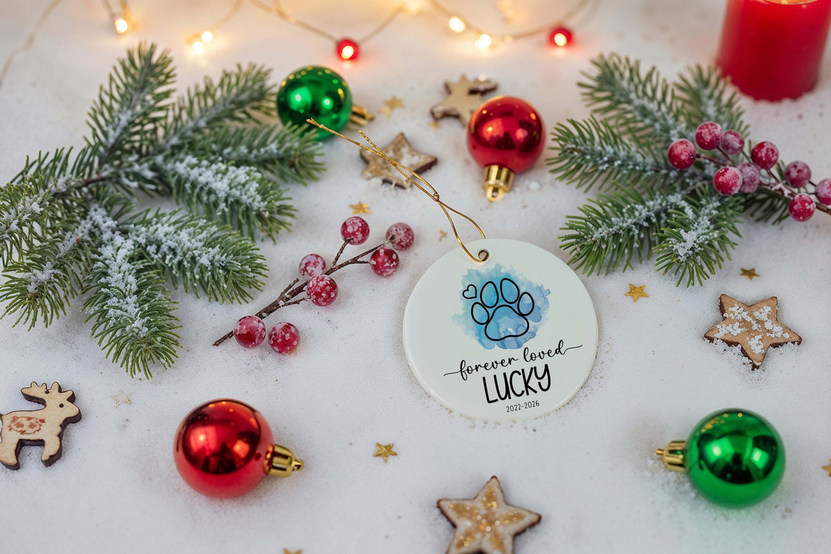 Personalized Dog Memorial Ceramic Ornament, Forever Loved Paw Illustration Design Keepsake