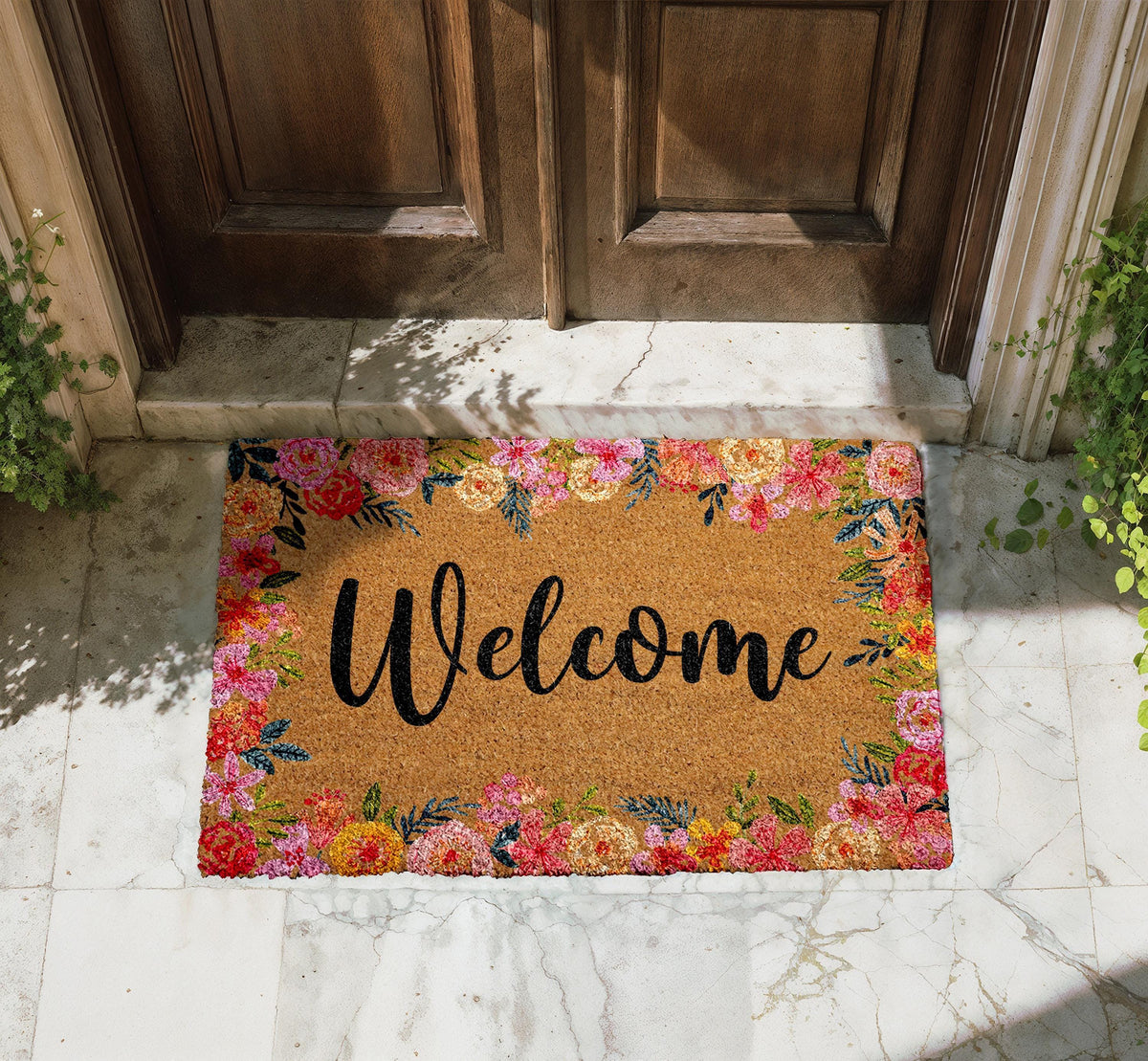 Welcome Floral Coco Doormat, Vibrant Flowers Rug, Cute Spring Entry Door Mat
