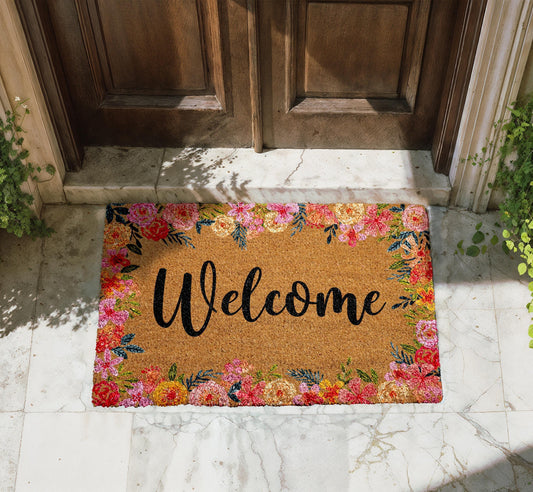 Welcome Floral Coco Doormat, Vibrant Flowers Rug, Cute Spring Entry Door Mat