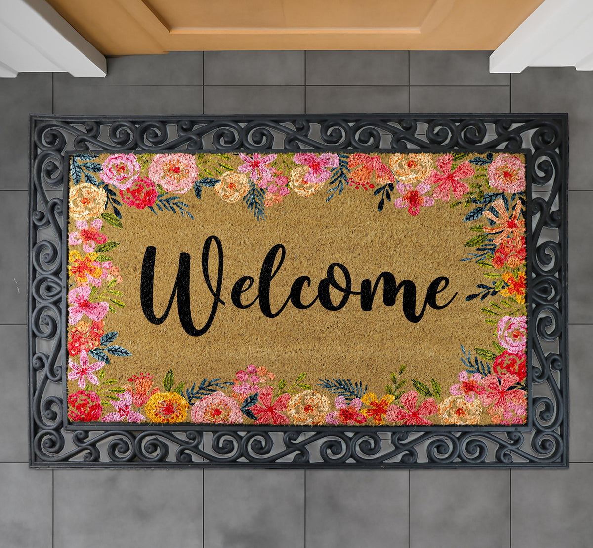 Welcome Floral Coco Doormat, Vibrant Flowers Rug, Cute Spring Entry Door Mat