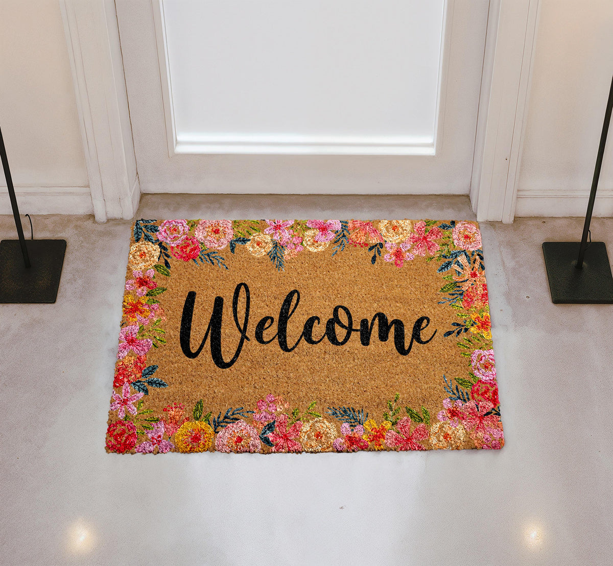 Welcome Floral Coco Doormat, Vibrant Flowers Rug, Cute Spring Entry Door Mat