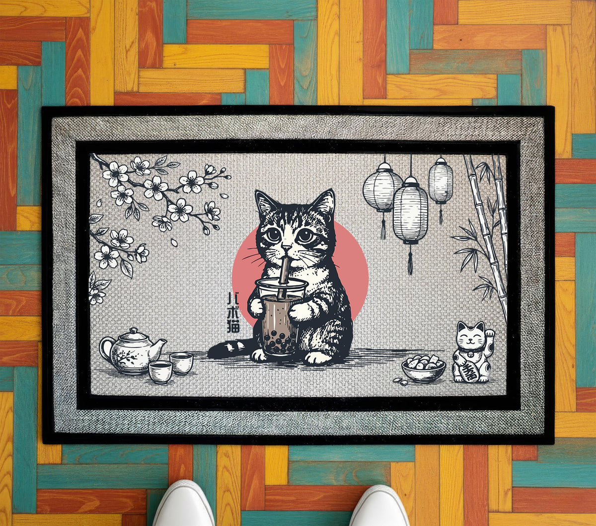 Cute Bubble Tea Boba Cat Welcome Mat, Japanese Cat Doormat, Funny Cats Lover Housewarming Gift, Spring Front Porch Decor, Entrance Rug