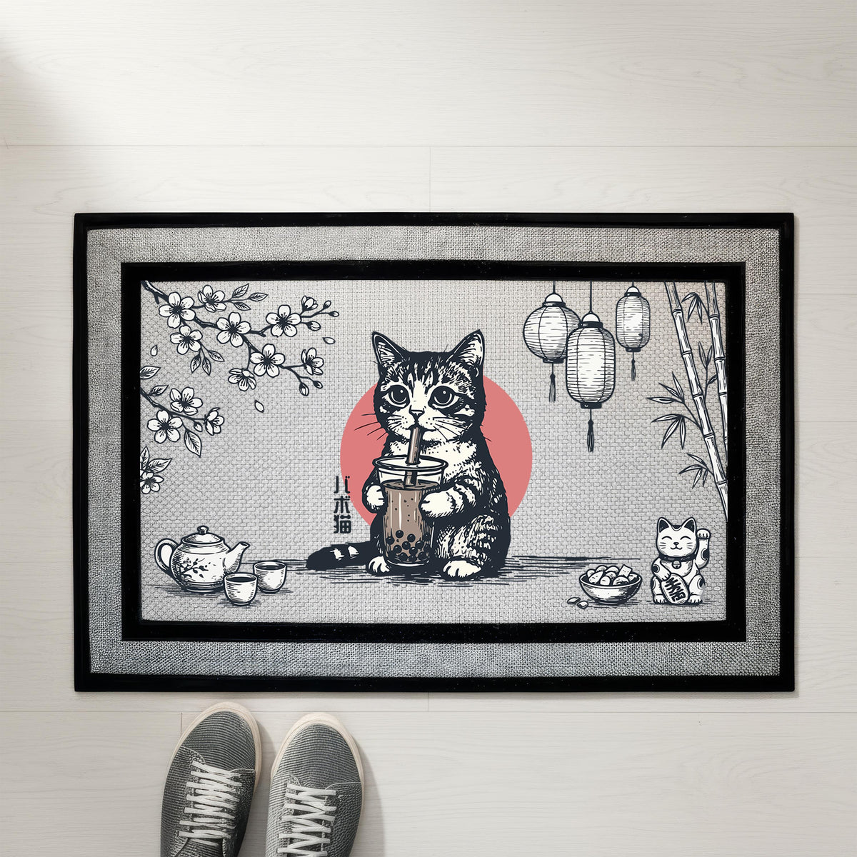 Cute Bubble Tea Boba Cat Welcome Mat, Japanese Cat Doormat, Funny Cats Lover Housewarming Gift, Spring Front Porch Decor, Entrance Rug