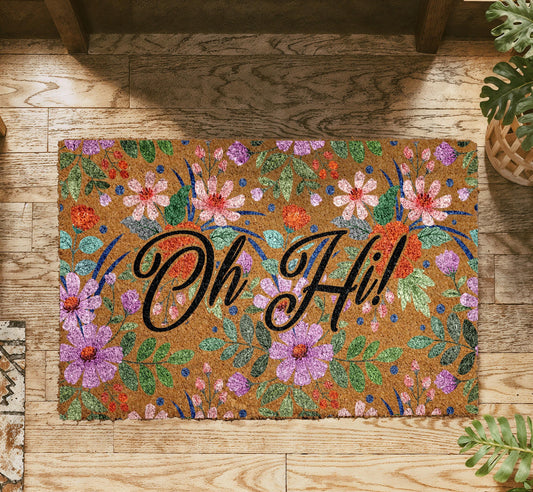 Oh Hi! Doormat, Floral Pattern Front Door Mat, Colorful Flowers Home Entrance Decor