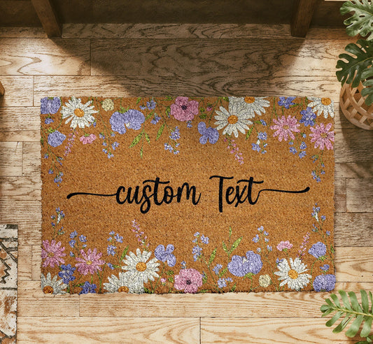 Custom Text Flowers Welcome Mat, Boho Flower Front Porch Decor, Unique Housewarming Gift