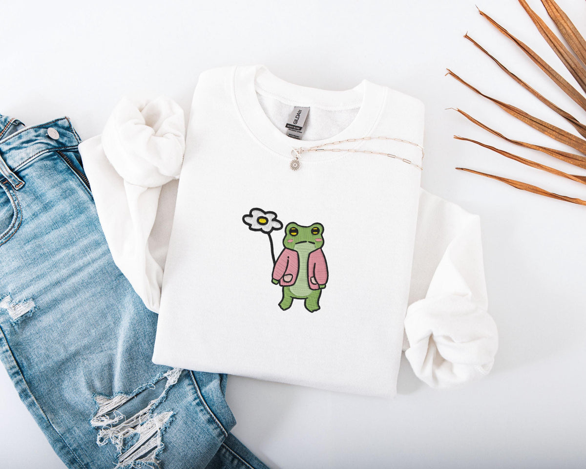 Embroidered Frog With Flower Sweatshirt, Embroidery Floral Frog Sweater, Daisy Embroidery Sweatshirt, Frog Lover Gift, Funny Frog Sweater
