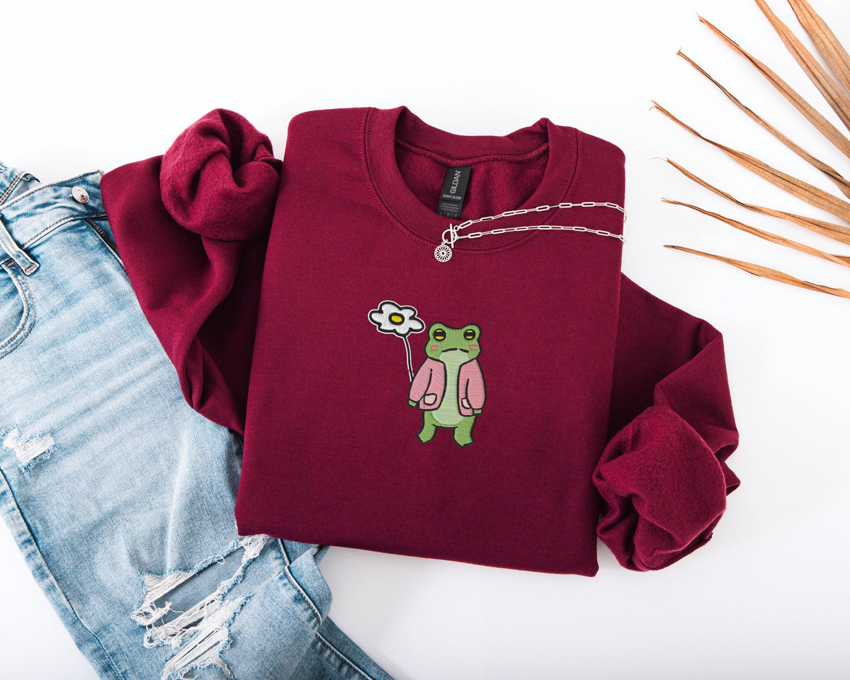 Embroidered Frog With Flower Sweatshirt, Embroidery Floral Frog Sweater, Daisy Embroidery Sweatshirt, Frog Lover Gift, Funny Frog Sweater