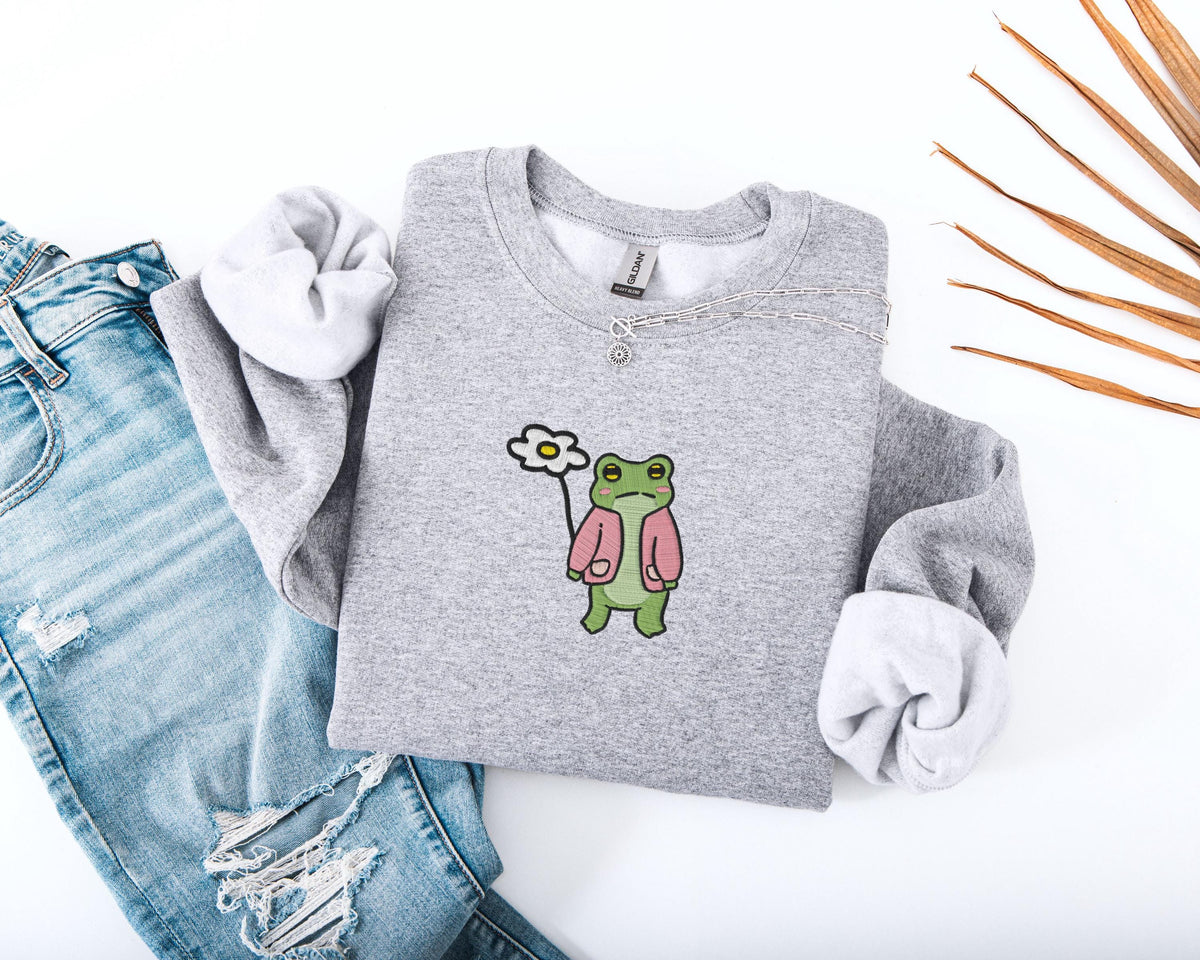 Embroidered Frog With Flower Sweatshirt, Embroidery Floral Frog Sweater, Daisy Embroidery Sweatshirt, Frog Lover Gift, Funny Frog Sweater