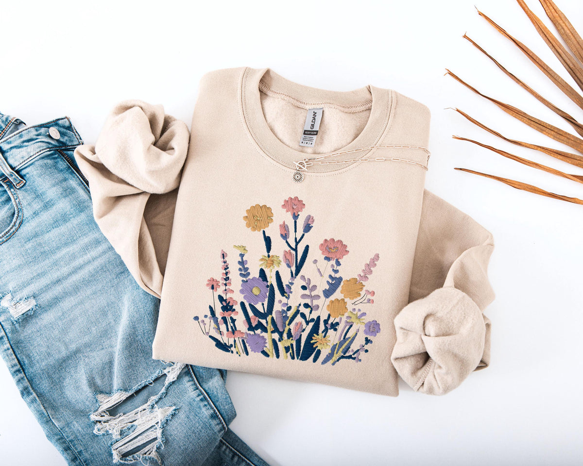 Floral Embroidered Sweatshirt, Wildflower Bouquet Sweater, Cottagecore Flower Hoodie, Botanical Sweatshirt, Boho Style Embroidery Sweater