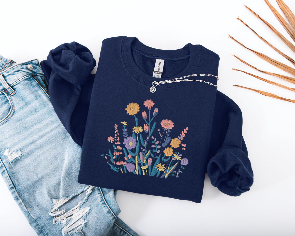 Floral Embroidered Sweatshirt, Wildflower Bouquet Sweater, Cottagecore Flower Hoodie, Botanical Sweatshirt, Boho Style Embroidery Sweater