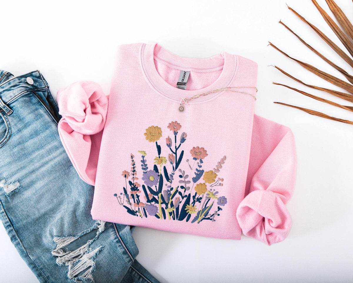 Floral Embroidered Sweatshirt, Wildflower Bouquet Sweater, Cottagecore Flower Hoodie, Botanical Sweatshirt, Boho Style Embroidery Sweater
