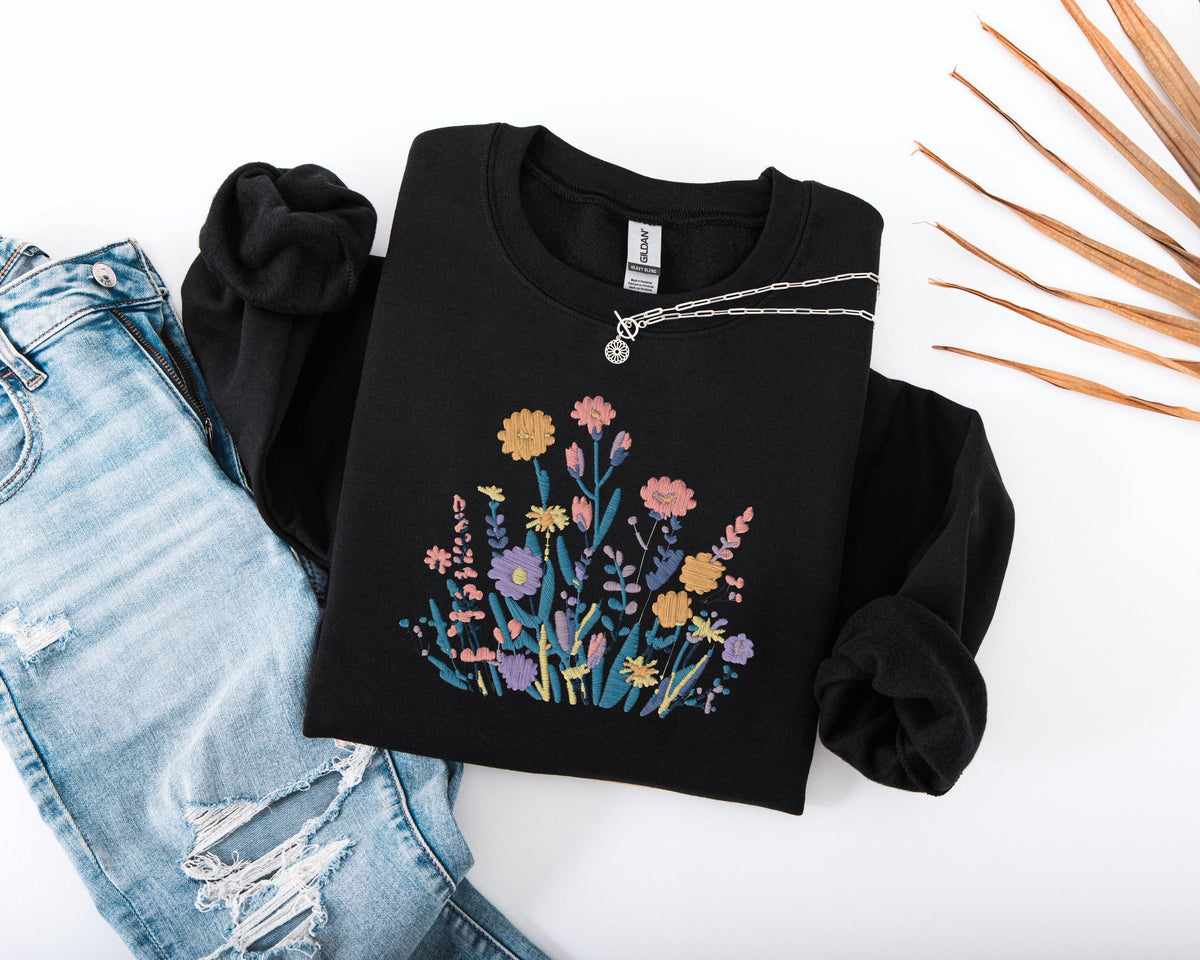 Floral Embroidered Sweatshirt, Wildflower Bouquet Sweater, Cottagecore Flower Hoodie, Botanical Sweatshirt, Boho Style Embroidery Sweater