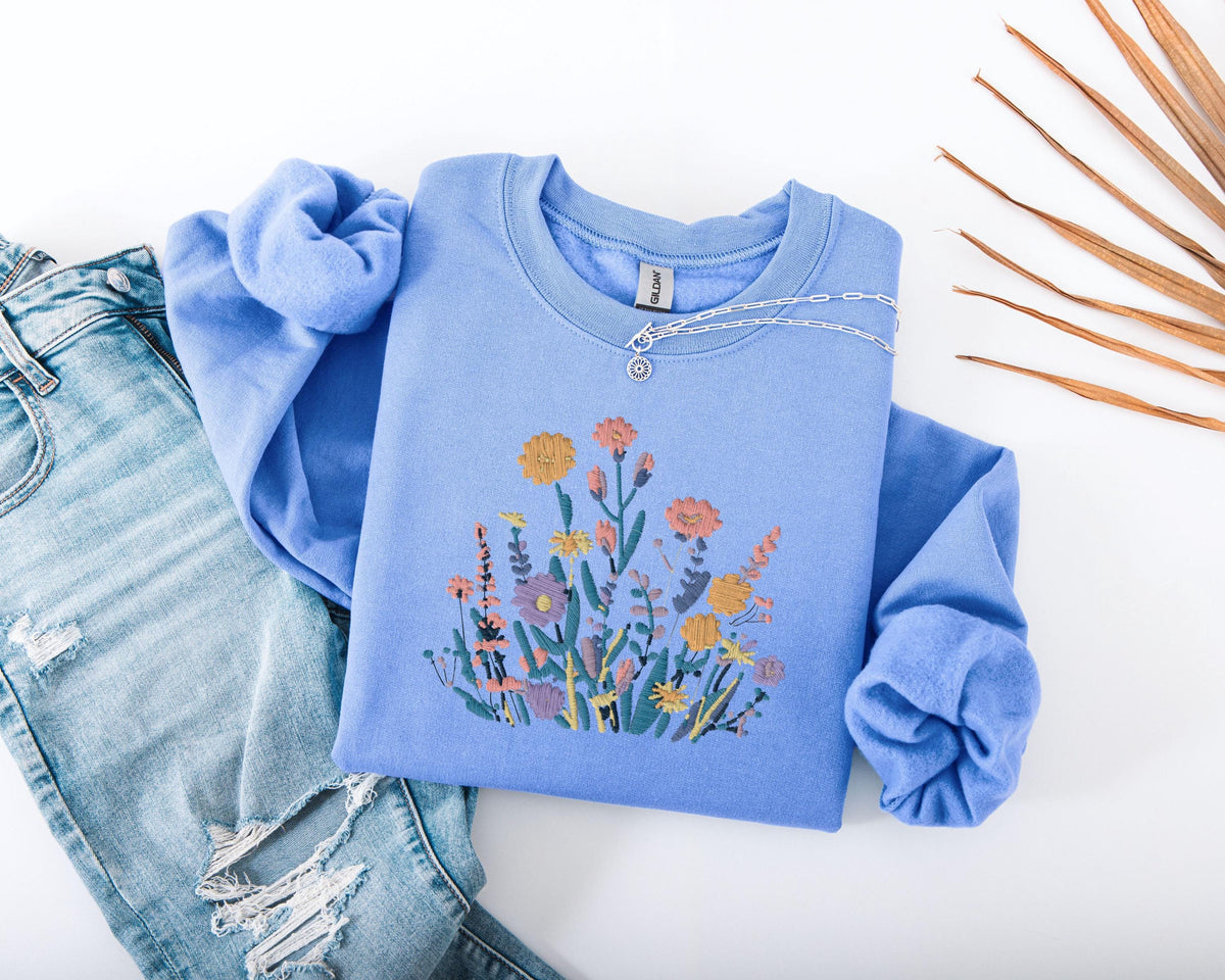 Floral Embroidered Sweatshirt, Wildflower Bouquet Sweater, Cottagecore Flower Hoodie, Botanical Sweatshirt, Boho Style Embroidery Sweater