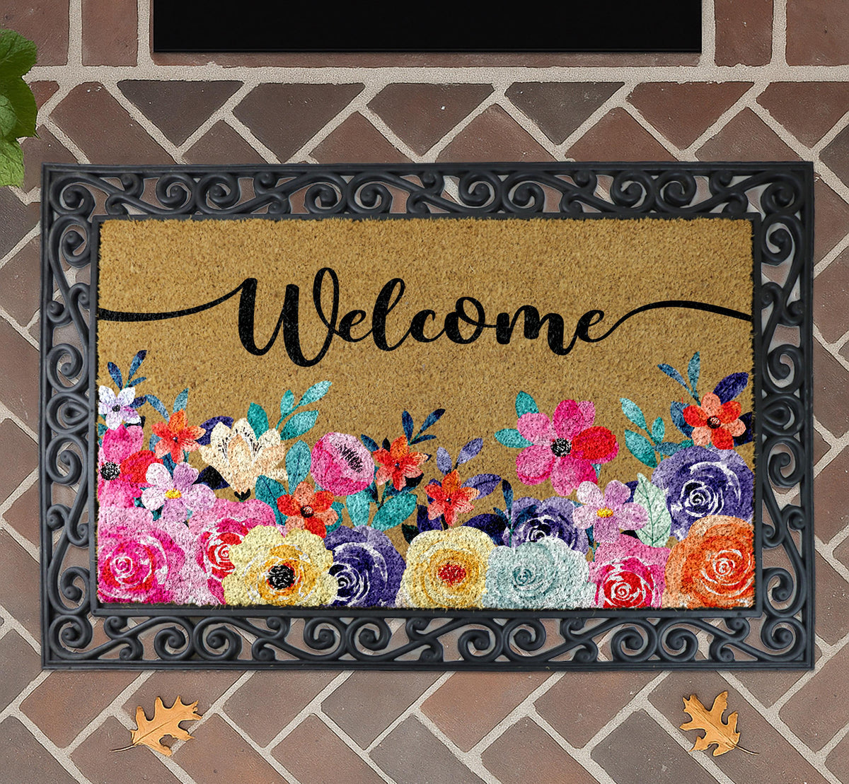 Floral Welcome Doormat, Natural Coir Entryway Mat, Outdoor Decor